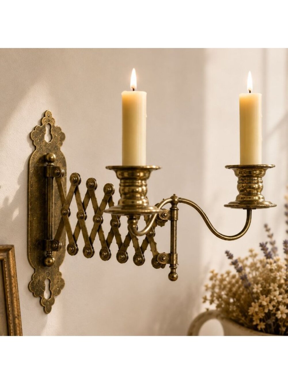 Vintage Brass Accordion Wall-Mounted Double Candle Holder With Ornate Detailing